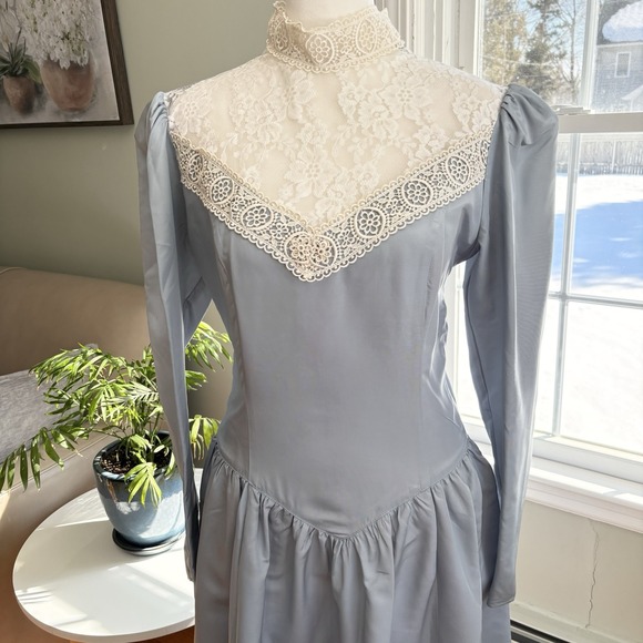 Gunne Sax by Jessica McClintock Blue Ivory Lace Vintage Dress Size 11 - Picture 3 of 15